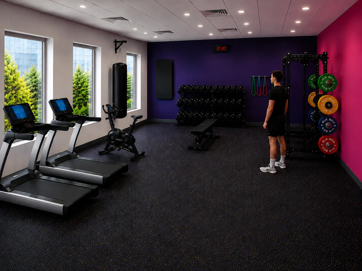 Corporate gym 3D render — treadmills, exercise bike and punch bag with dumbbell rack and squat rack