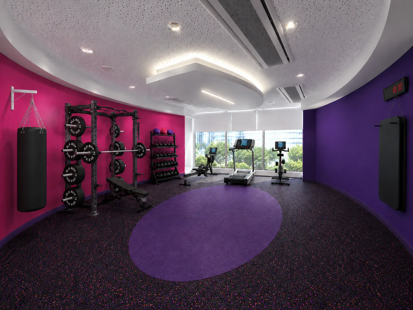 Corporate gym 3D render — squat rack and free weights with cardio equipment by the windows