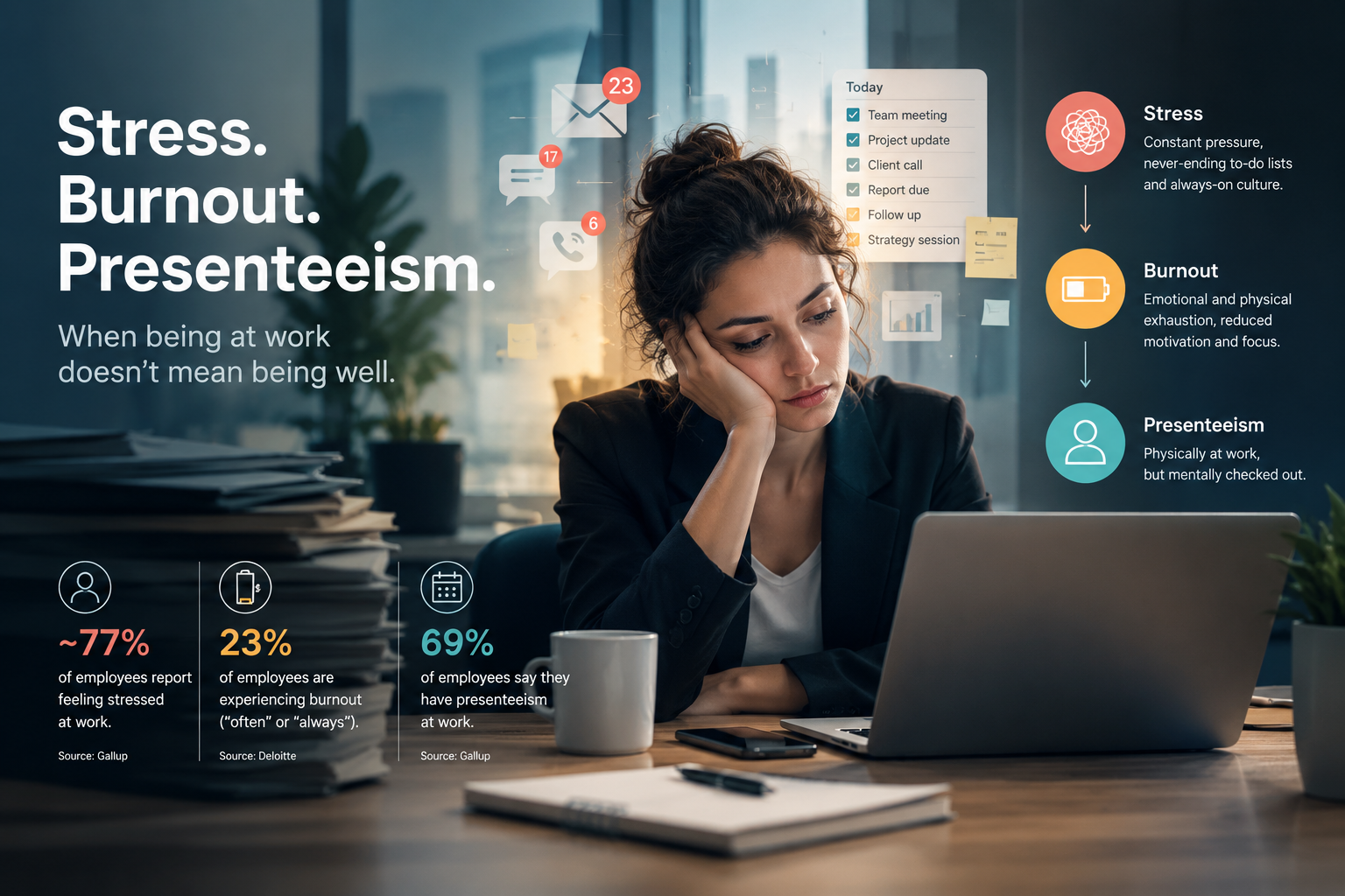 Infographic showing stress, burnout and presenteeism statistics alongside an image of a stressed employee at her desk surrounded by notifications and a packed schedule.
