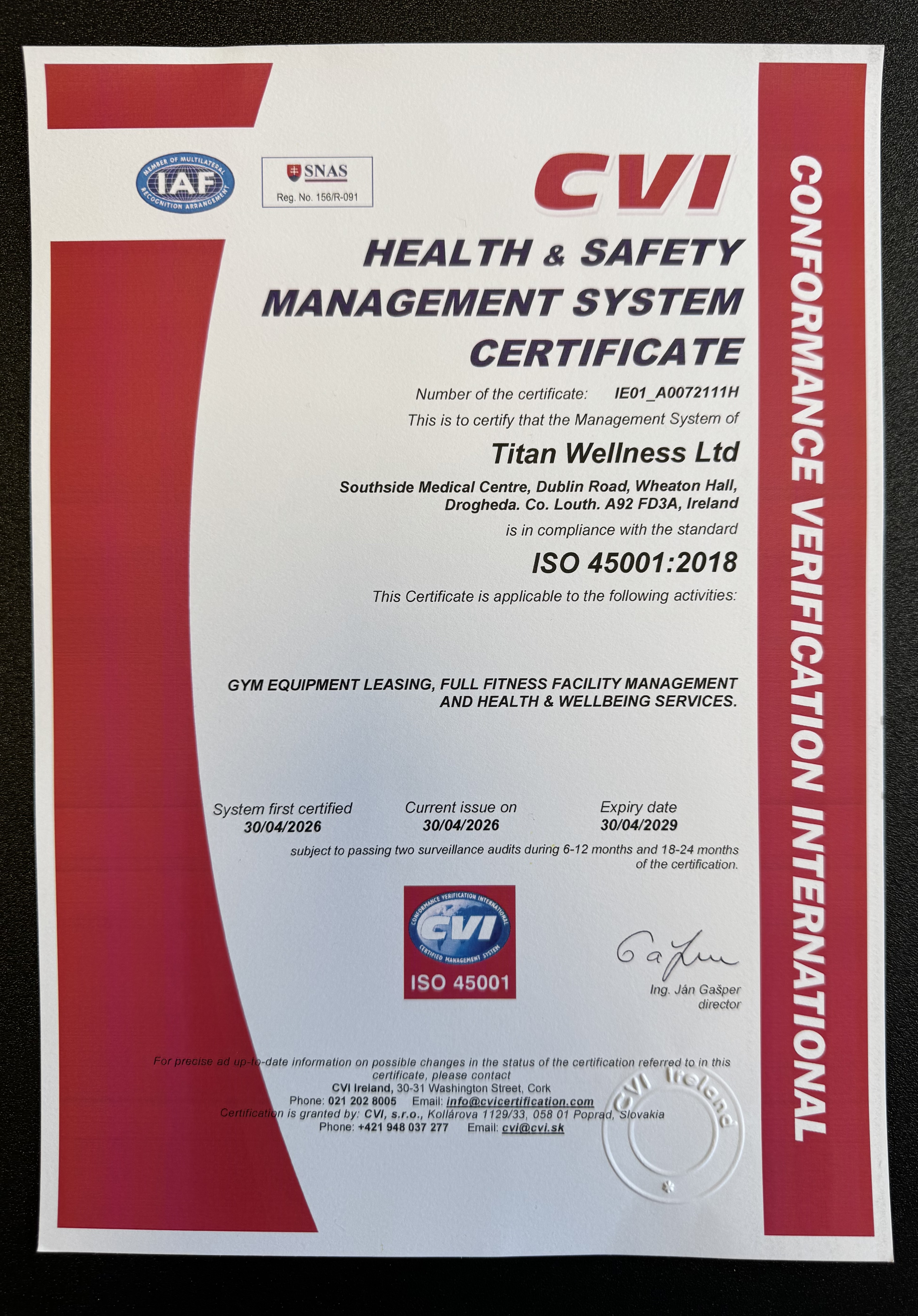 Titan Wellness Ltd's ISO 45001:2018 Health & Safety Management System certificate, issued by CVI Certification.